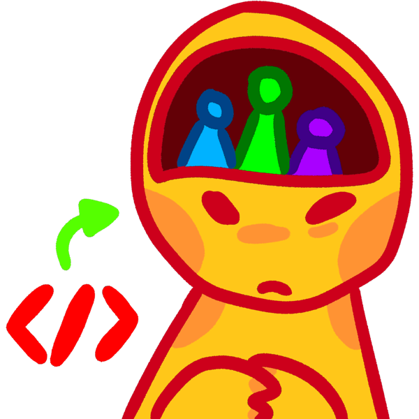 A shy looking person with a semicircle on their head with three people in it. The three people are blue, green, and purple. There is a red less than symbol, a forward slash, and then a greater than symbol pointing to their head with a green arrow.
